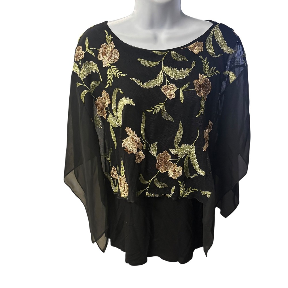 Cha Cha Vente Black Floralโ Embroidered Overlay Blouse Top Size Small